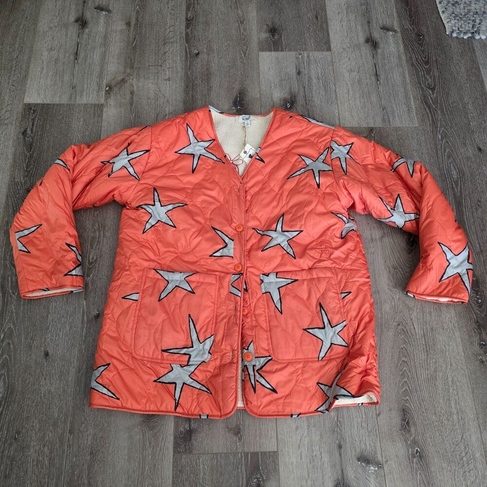 Easel Design Womens Scribbly Stars puffy Reversable Embroidered Jacket Sz L NWT